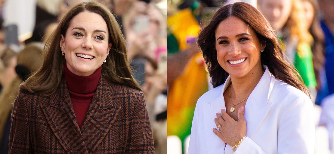 A photo collage of Kate Middleton and Meghan Markle