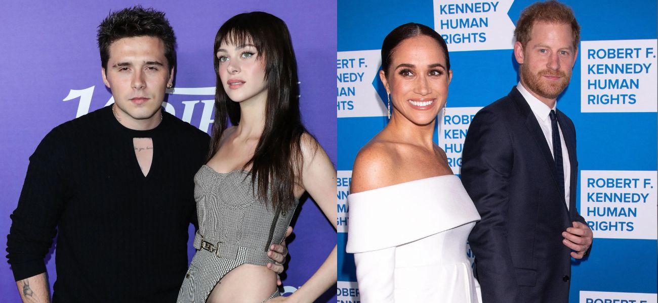 Brooklyn Beckham, Nicola Pelz, and Meghan Markle, Prince Harry photo collage