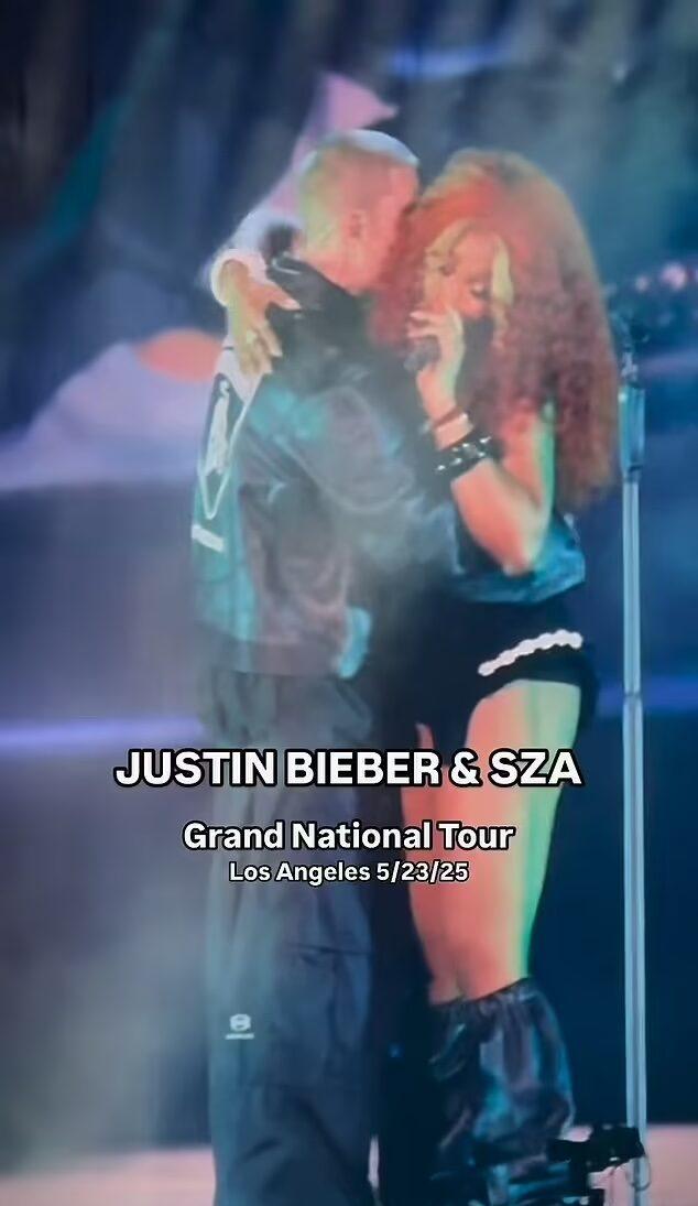 Justin Bieber and Sza hug on stage