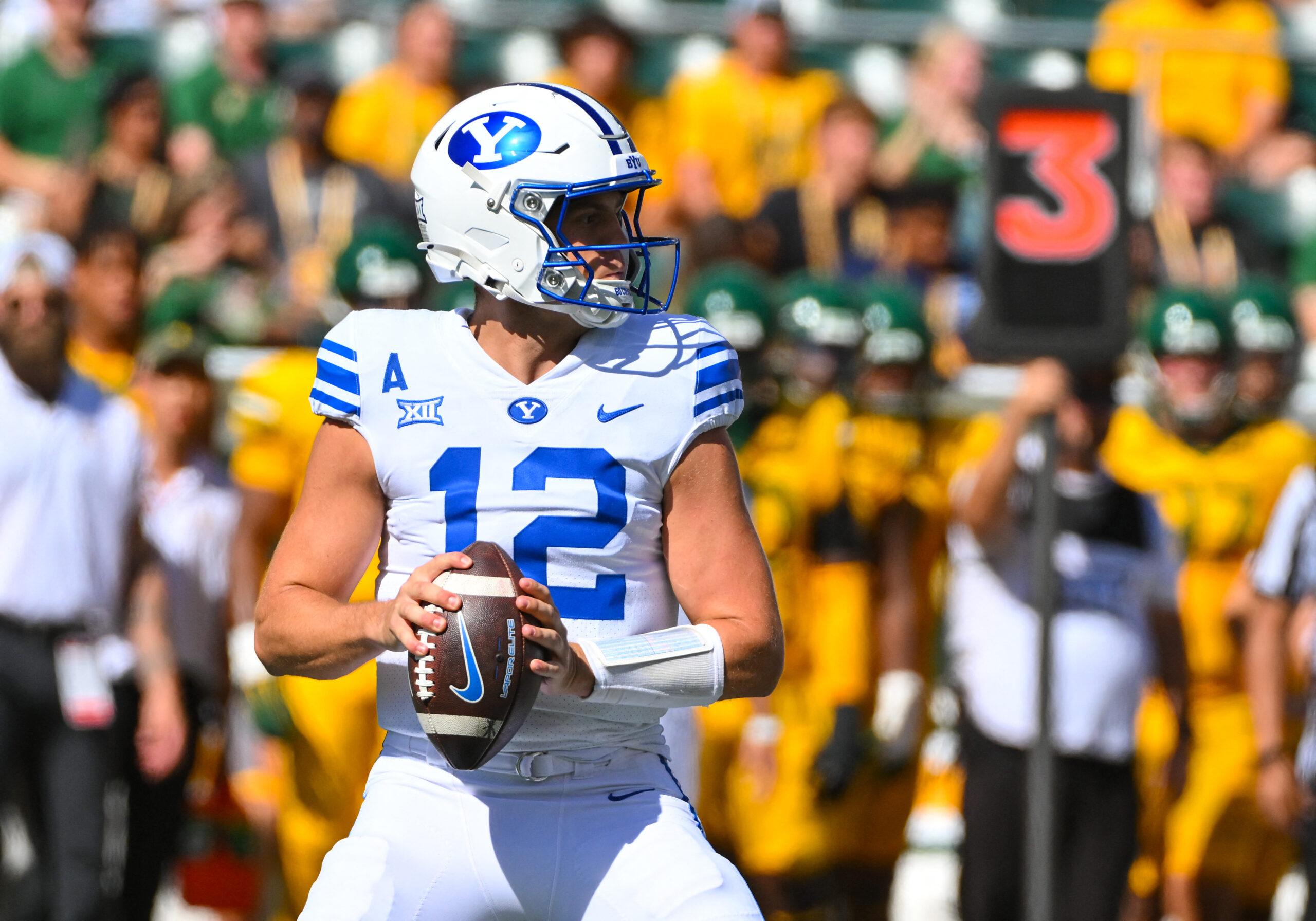 Jake Retzlaff (12) of the BYU Cougars in action at the NCAA Valero Alamo Bowl against the Colorado Buffalos at the Alamodome