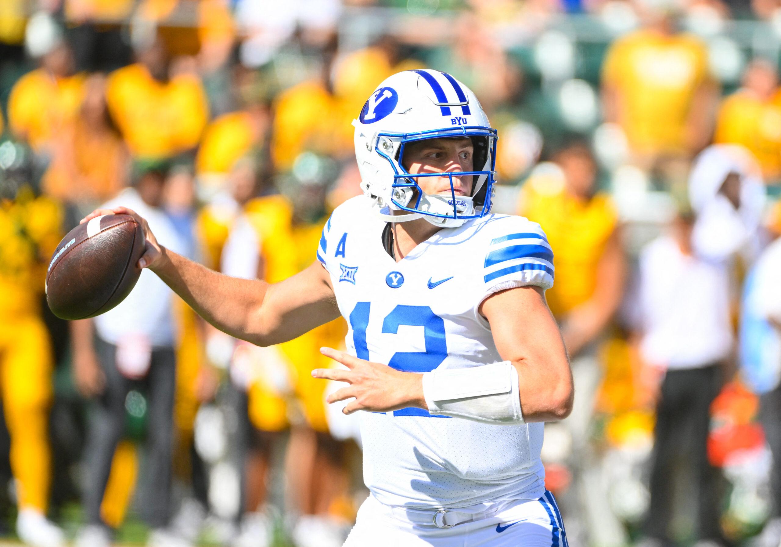 Jake Retzlaff (12) of the BYU Cougars in action at the NCAA Valero Alamo Bowl against the Colorado Buffalos at the Alamodome