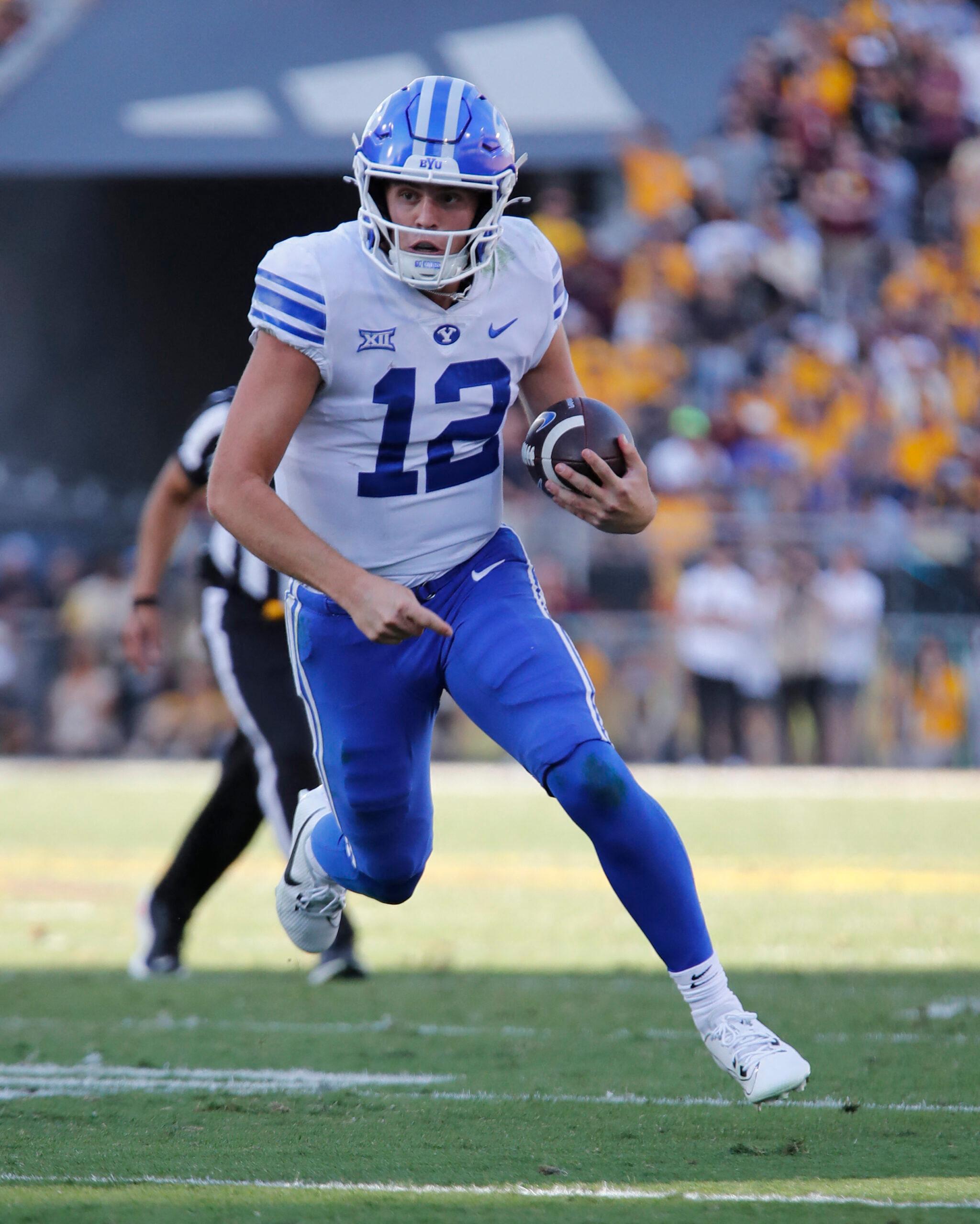 Jake Retzlaff (12) of the BYU Cougars in action at the NCAA Valero Alamo Bowl against the Colorado Buffalos at the Alamodome