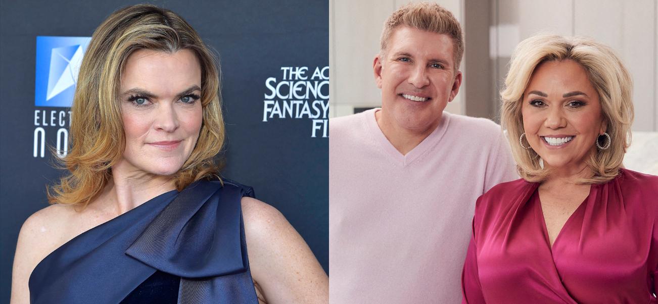 a photo collage of Missi Pyle and Todd Chrisley with Julie Chrisley