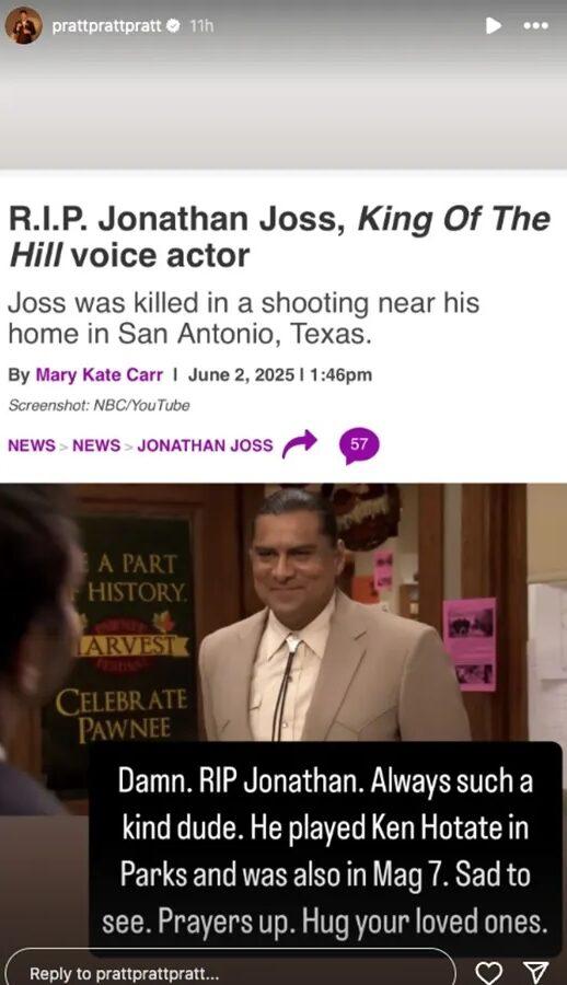 Chris Pratt's Instagram Stories about Jonathan Joss