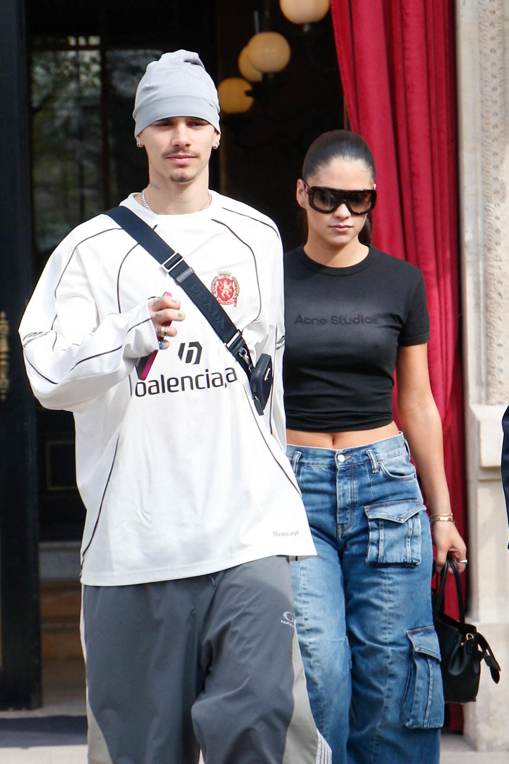 Romeo Beckham and Kim Turnbull seen leaving their hotel during Paris Fashion Week