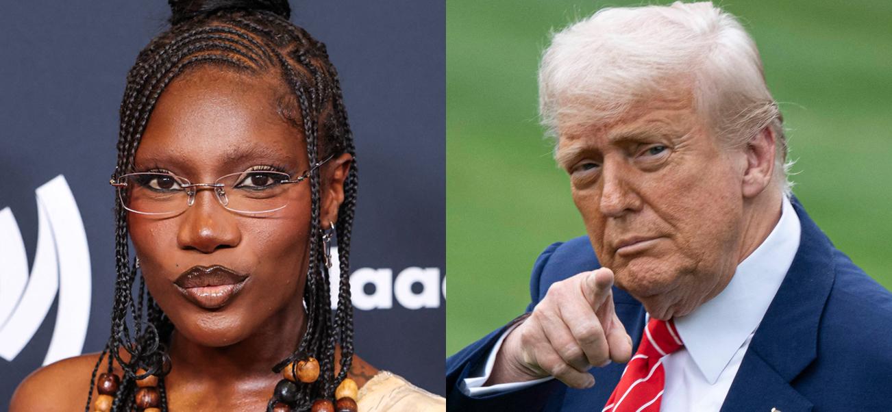 A photo collage of Doechii and Donald Trump