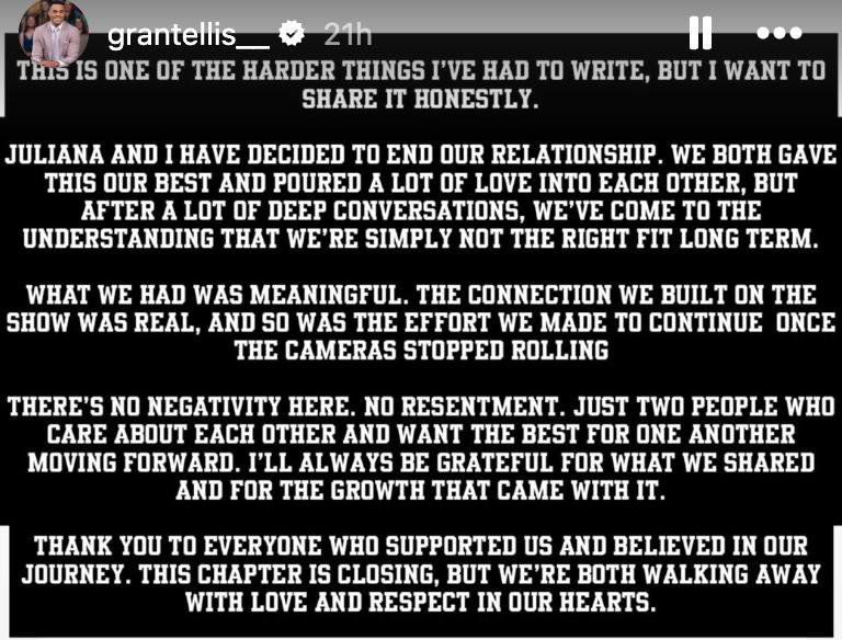 Grant Ellis' Instagram post about his break up
