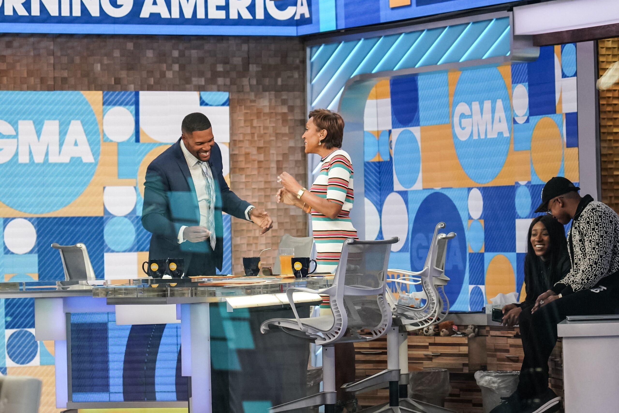 Michael Strahan and Robin Roberts are seen on set at ABC Studios.