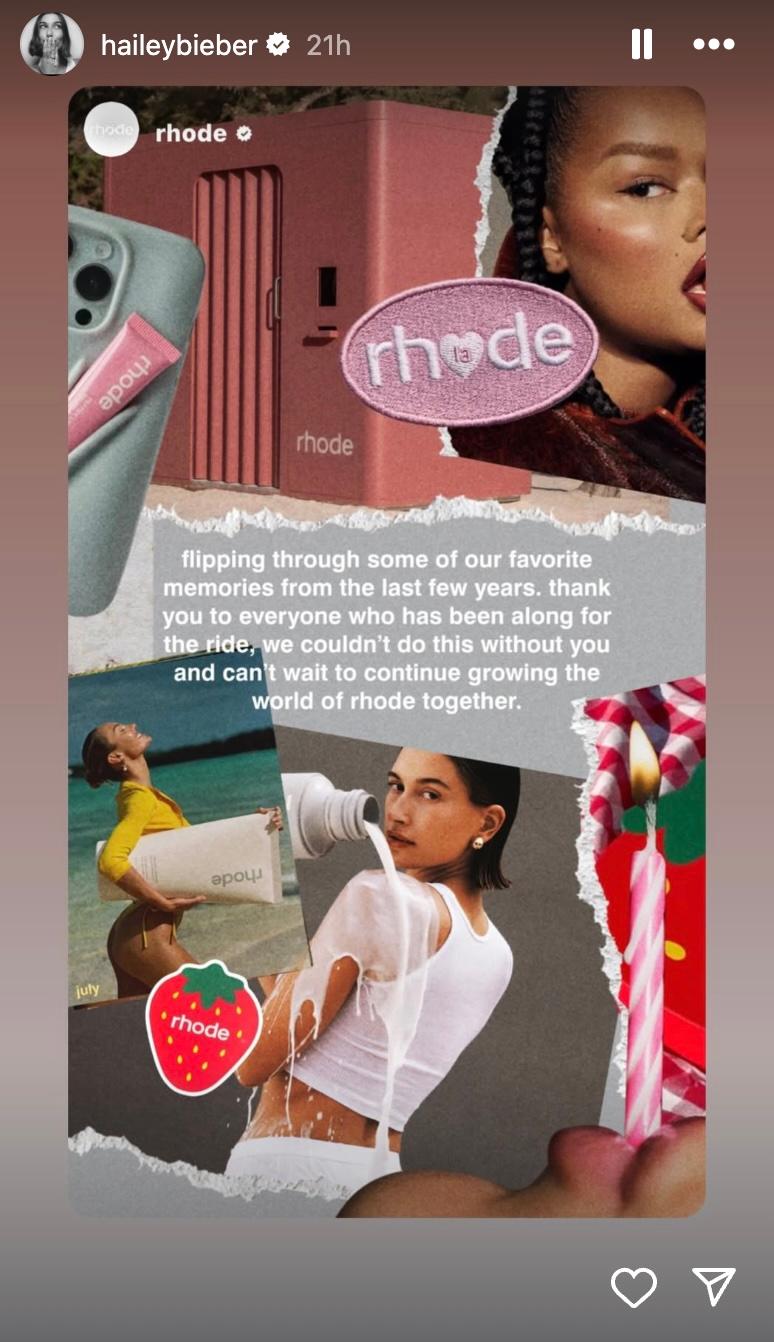 Hailey Bieber posts about Rhode