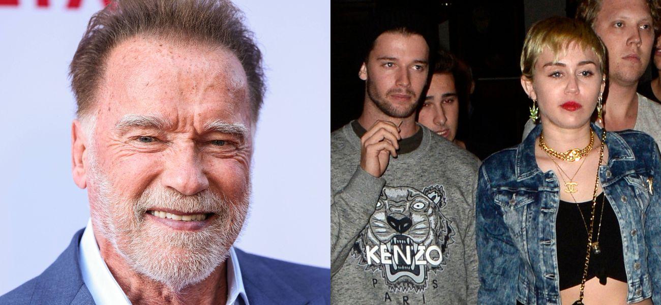 Arnold Schwarzenegger (left) Miley Cyrus and Patrick Schwarzenegger (right)
