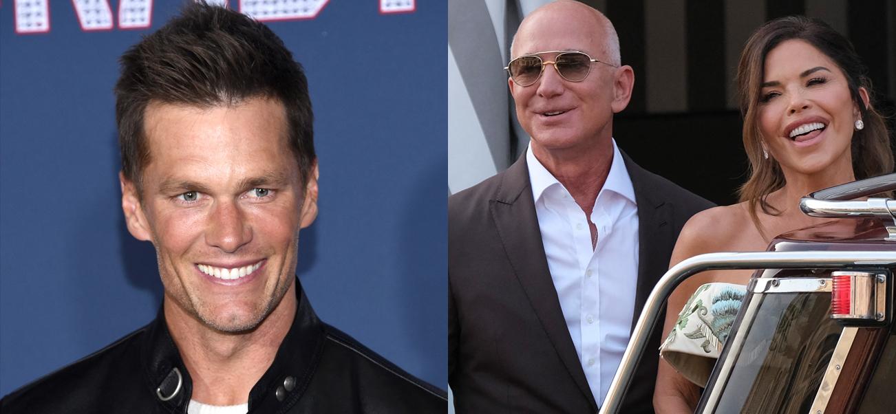 A photo collage of Tom Brady with Jeff Bezos and Lauren Sanchez