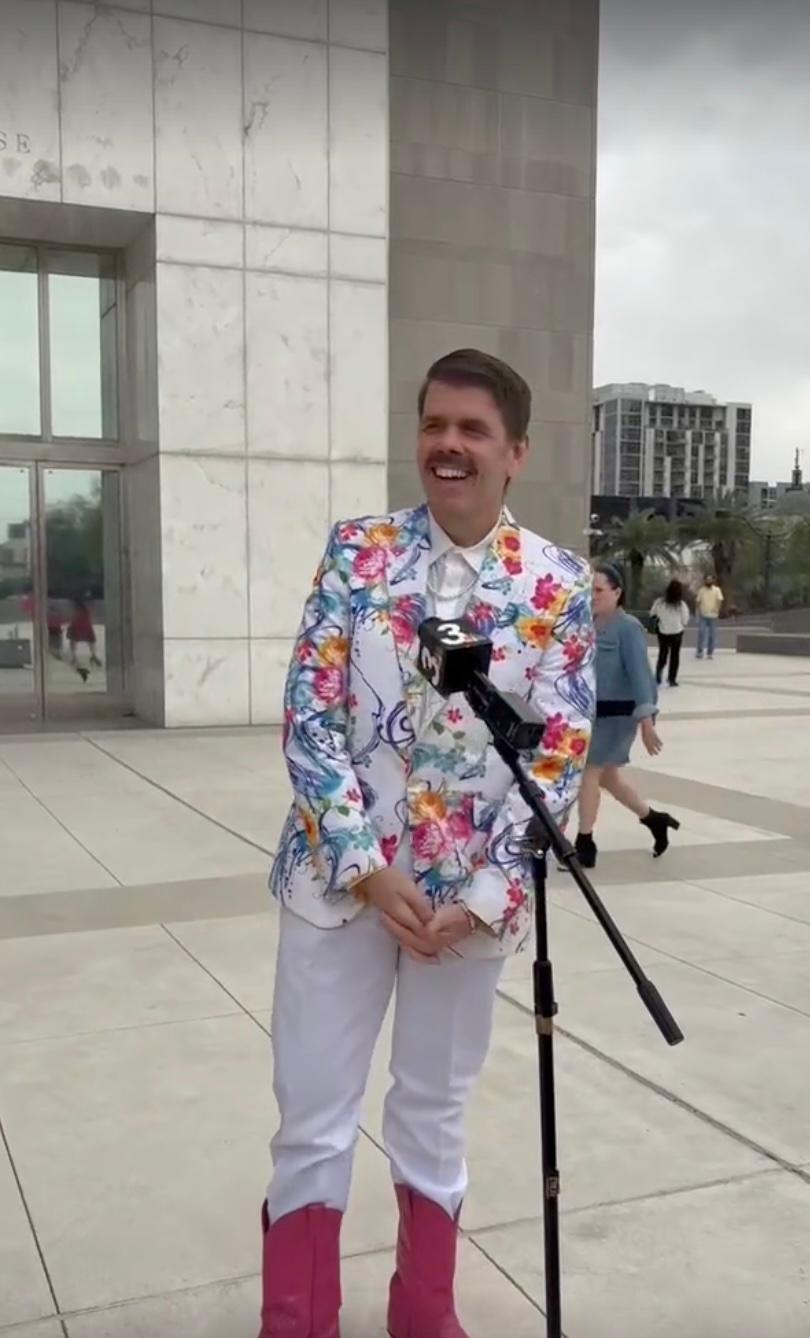 Perez Hilton speaking outside of Las Vegas courtroom
