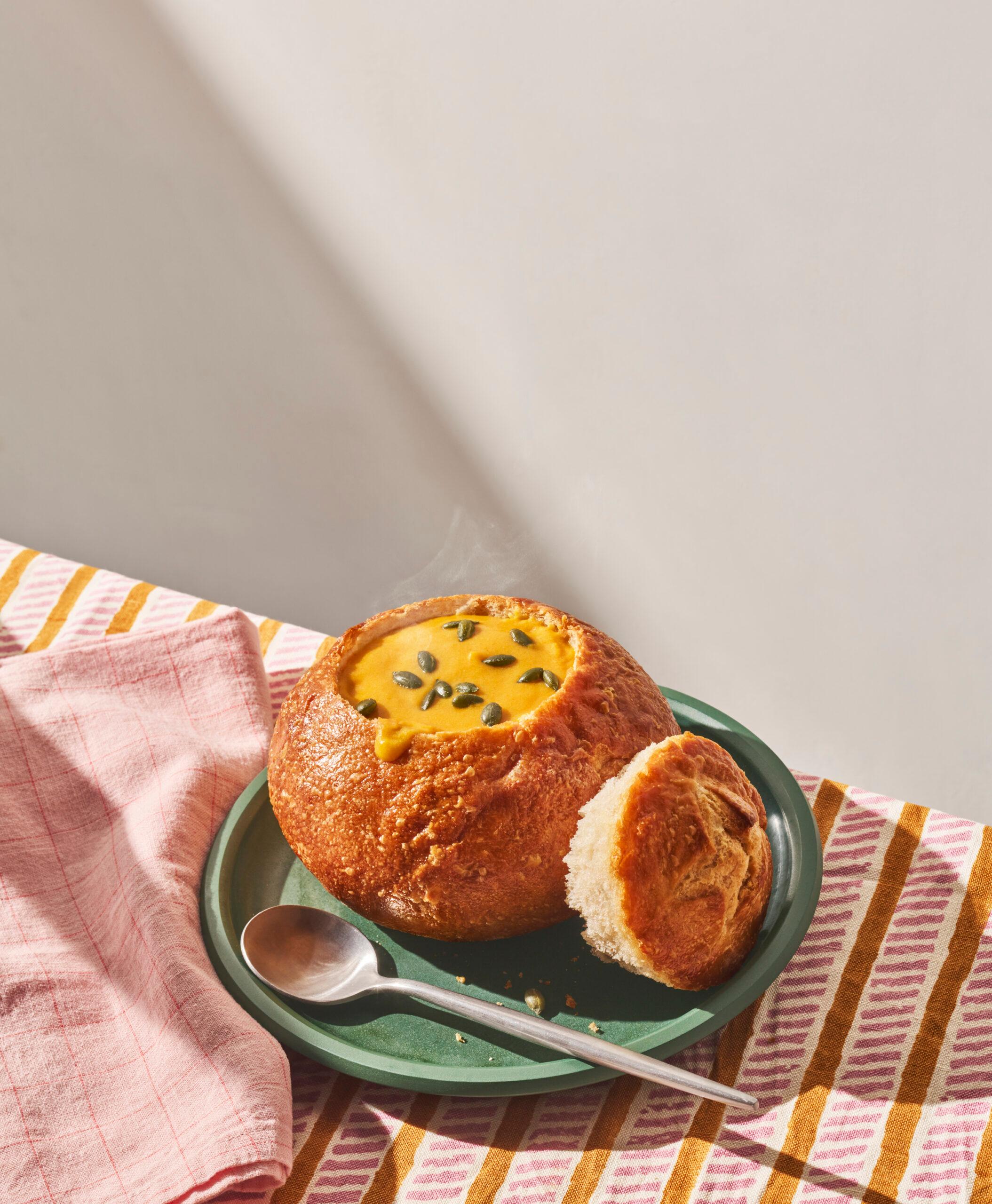 Panera Bread's autumn squash soup in bread bowl