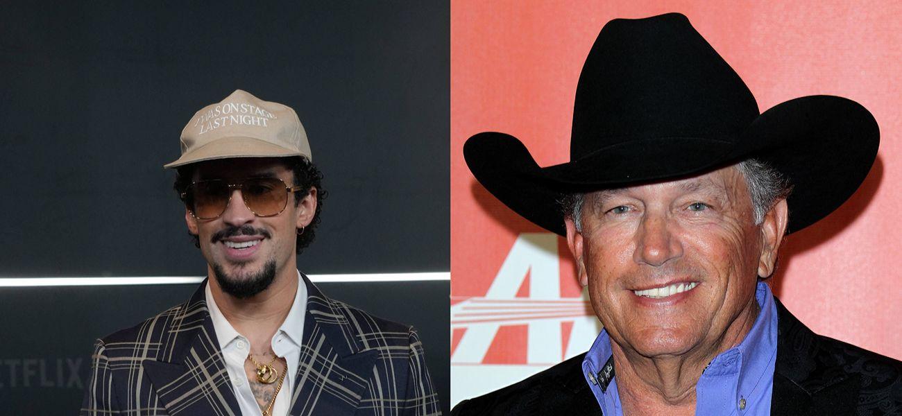 A photo collage of Bad Bunny and George Strait