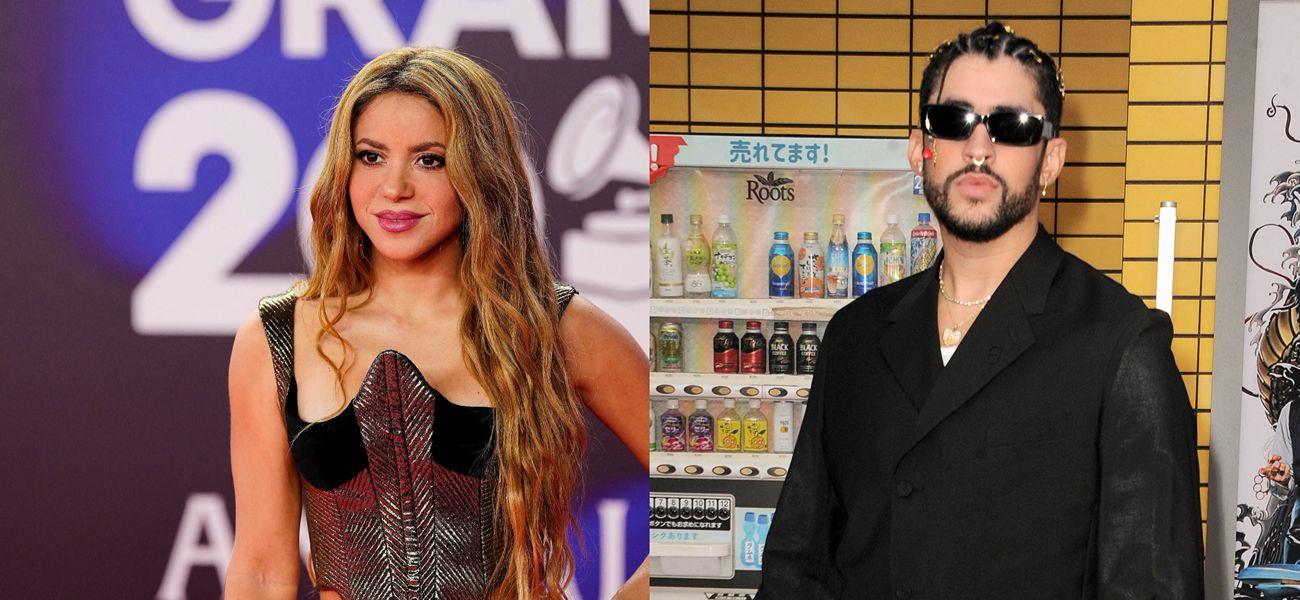 A photo collage of Shakira and Bad Bunny