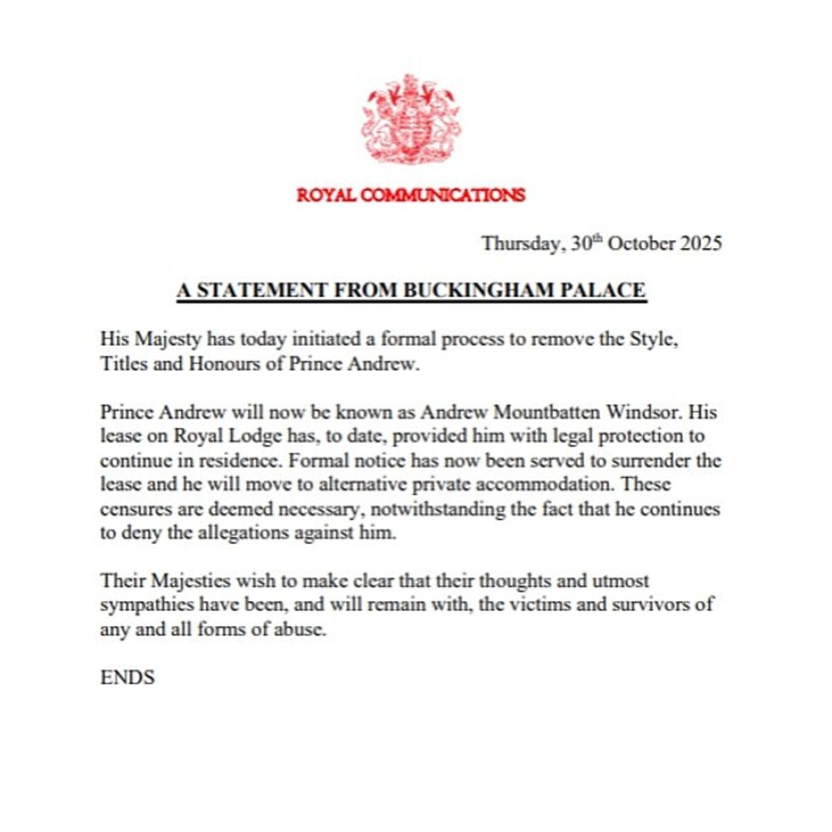 Buckingham Palace Statement on Prince Andrew