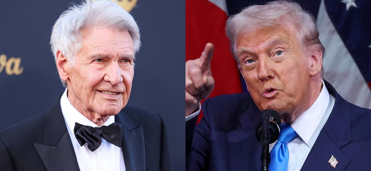 A photo collage of Harrison Ford and Donald Trump