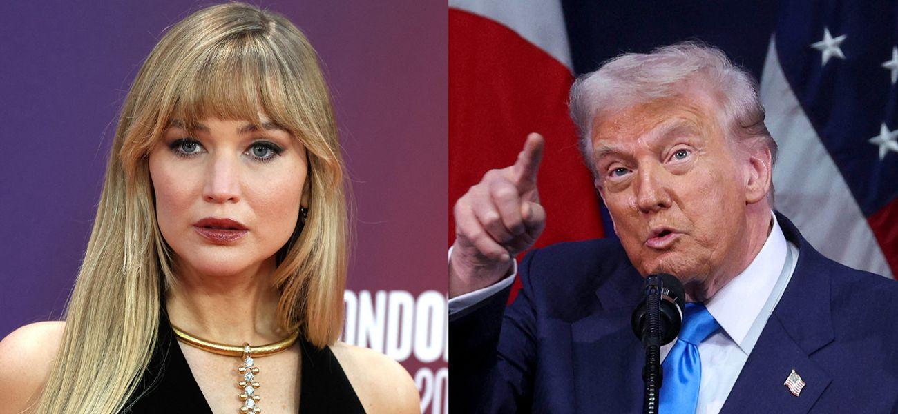 A photo collage of Jennifer Lawrence and Donald Trump