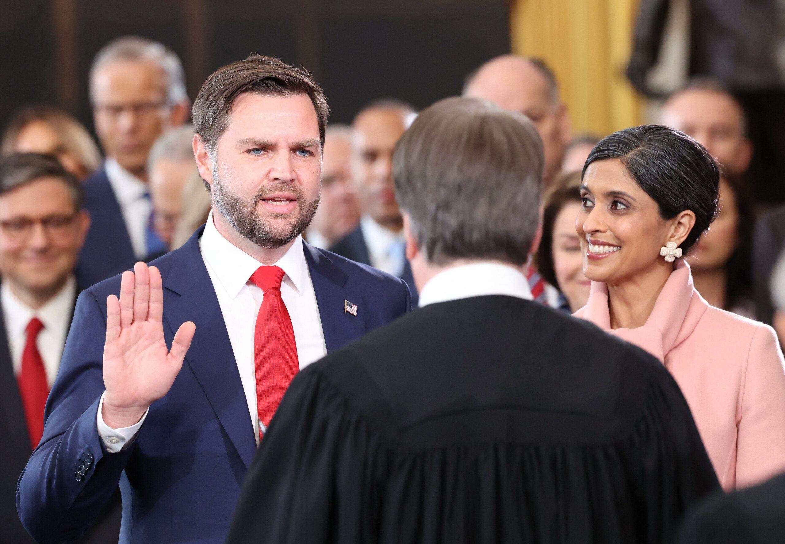 J.D. Vance and Usha Vance during the inauguration ceremony for Trump's second presidential term.