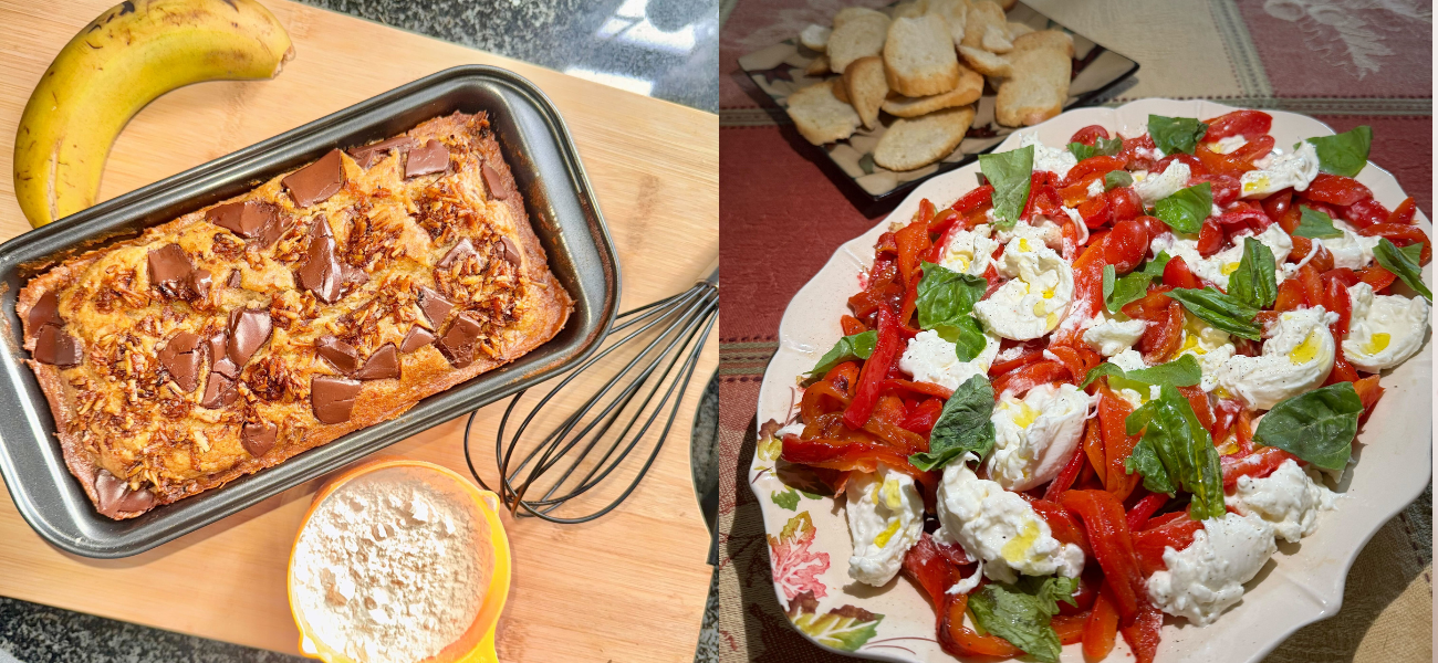 Favour Adegoke made Chrissy Teigen's Banana Bread; Kelly Coffey made Benny Blanco's Caprese with Roasted Red Pepper and Burrata