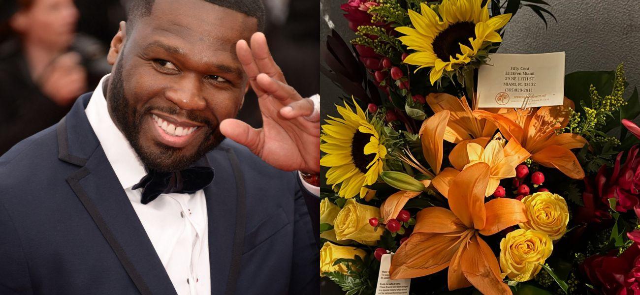 Photo collage of 50 Cent and the floral arrangement he claims Diddy sent to him.