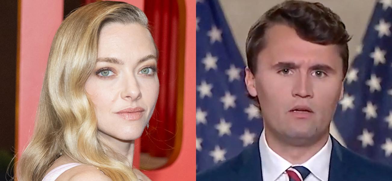 A photo collage of Amanda Seyfried and Charlie-Kirk