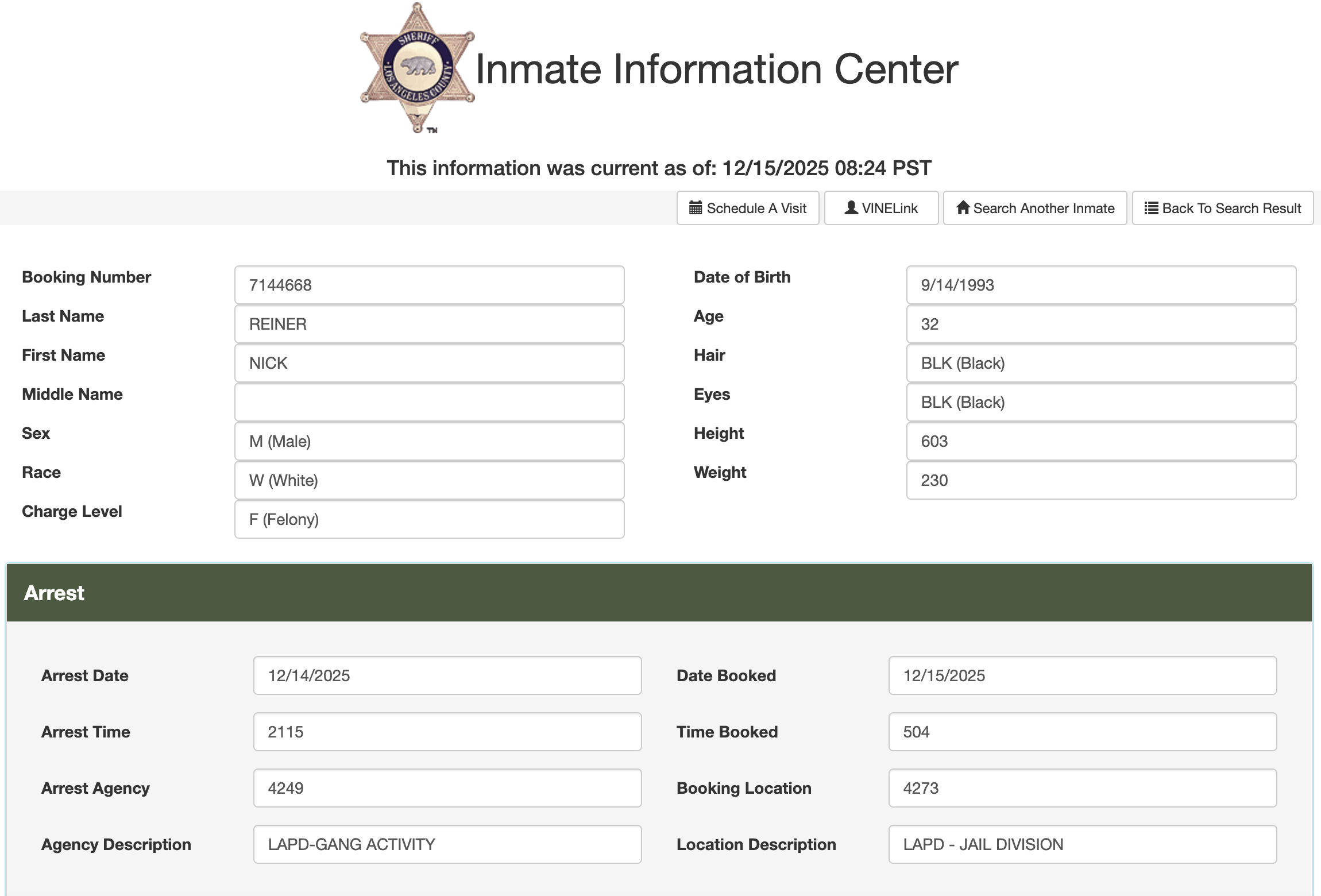 Nick Reiner's arrest booking details