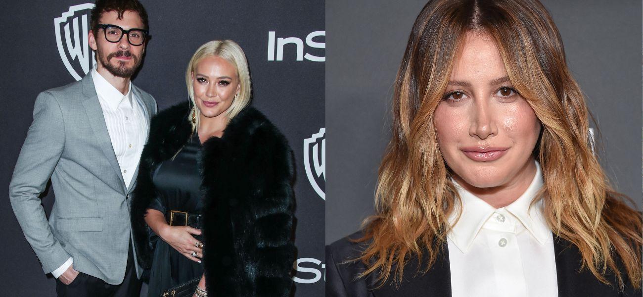 Photo collage of Ashley Tisdale and Hilary Duff and her husband.
