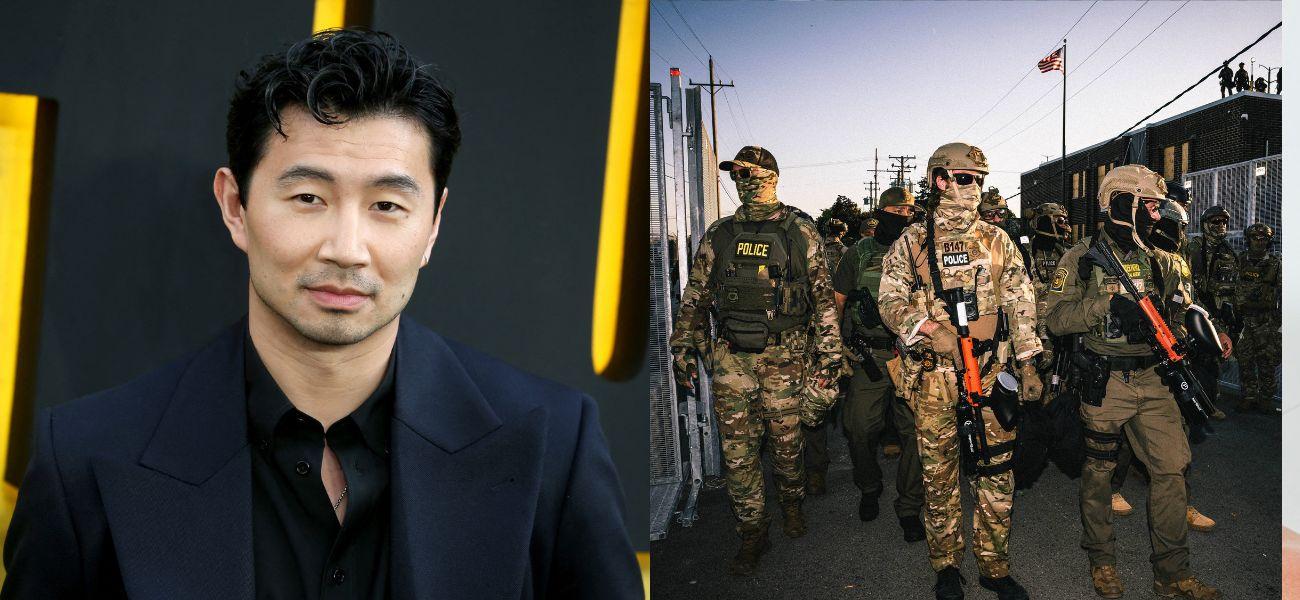 Photo collage of Simu Liu and ICE agents.