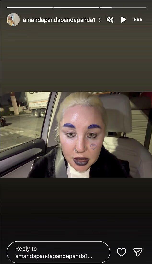 Amanda Bynes sitting in car with purple eyebrows