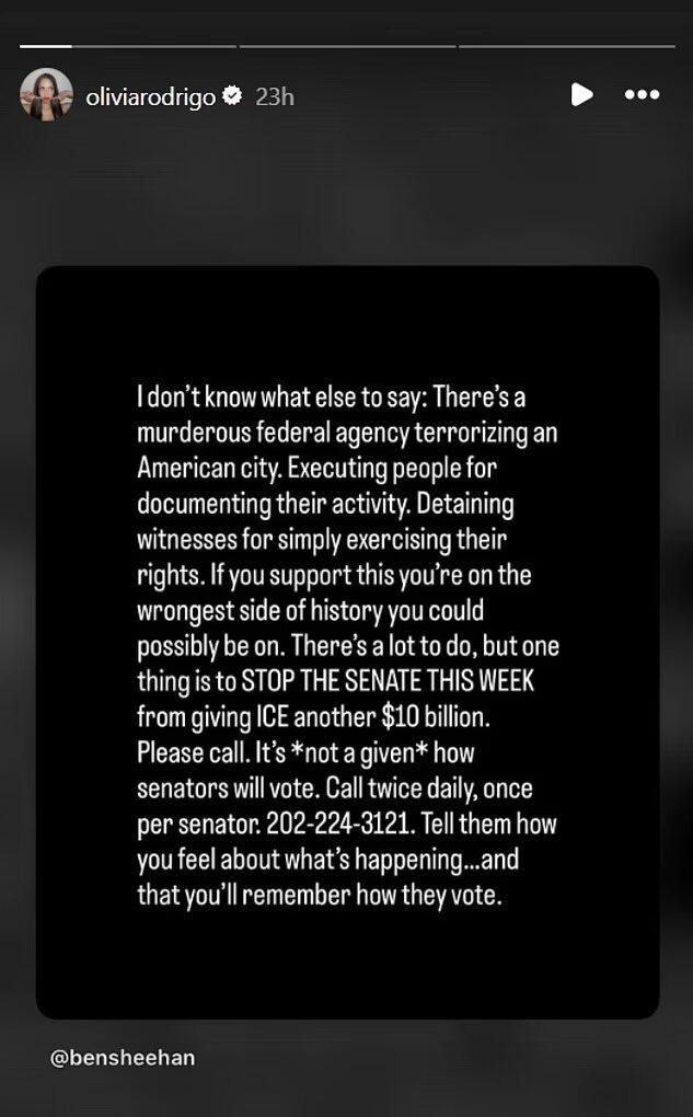 Olivia Rodrigo shares post about ICE