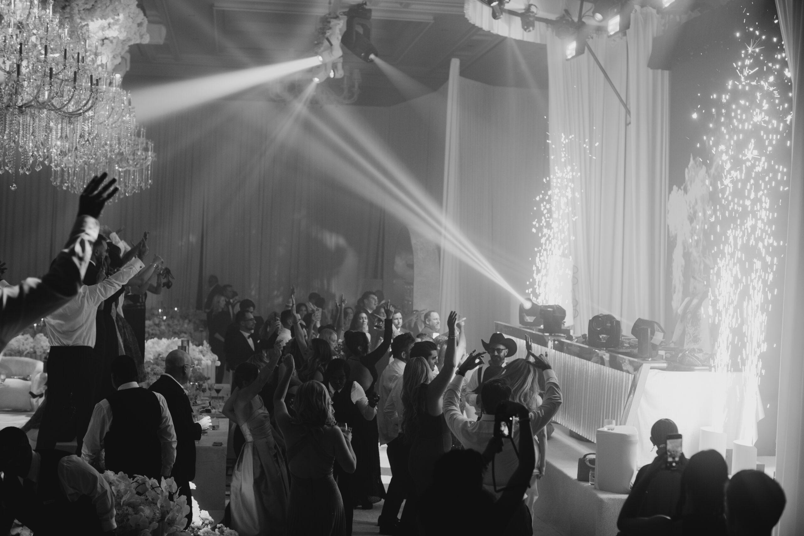 Black and White picture of Sarah Rollins Gonzalez's wedding dance party
