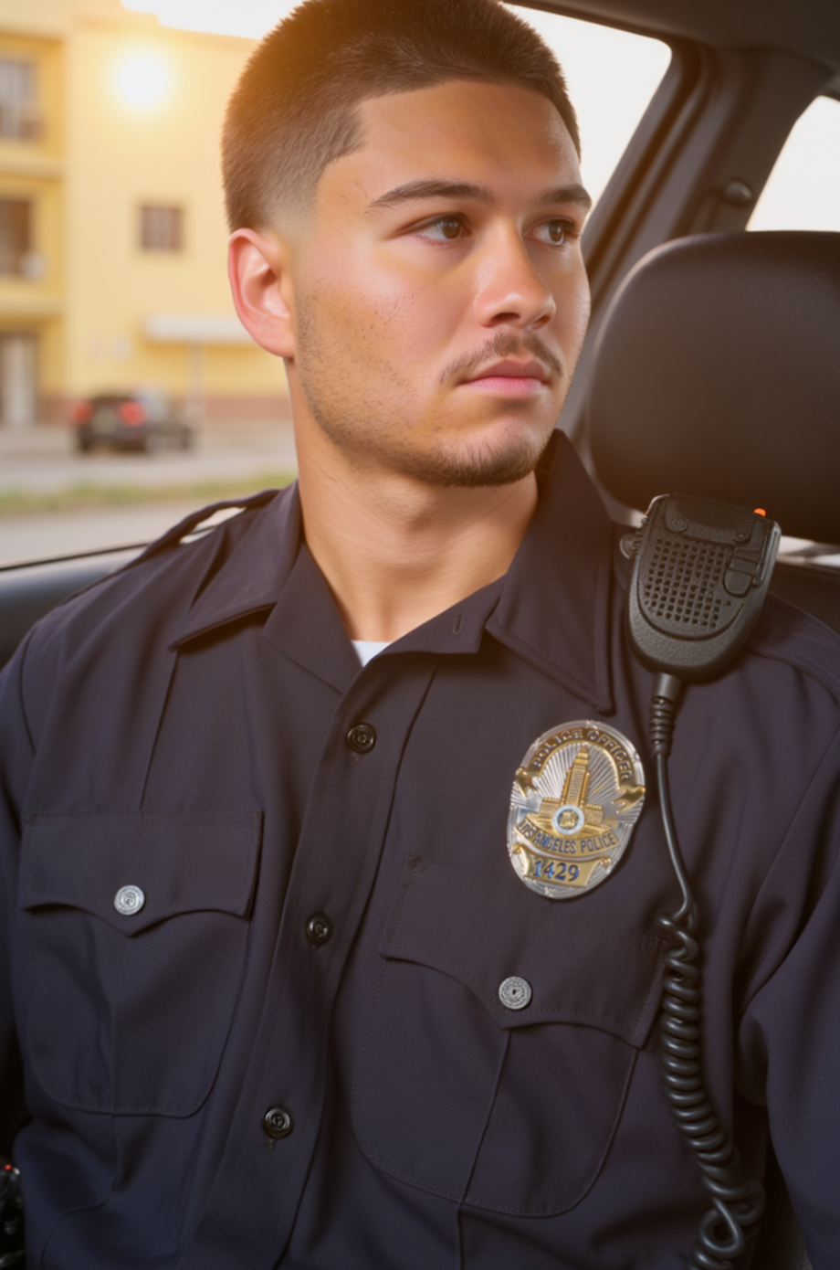 Police officer sitting in his car.