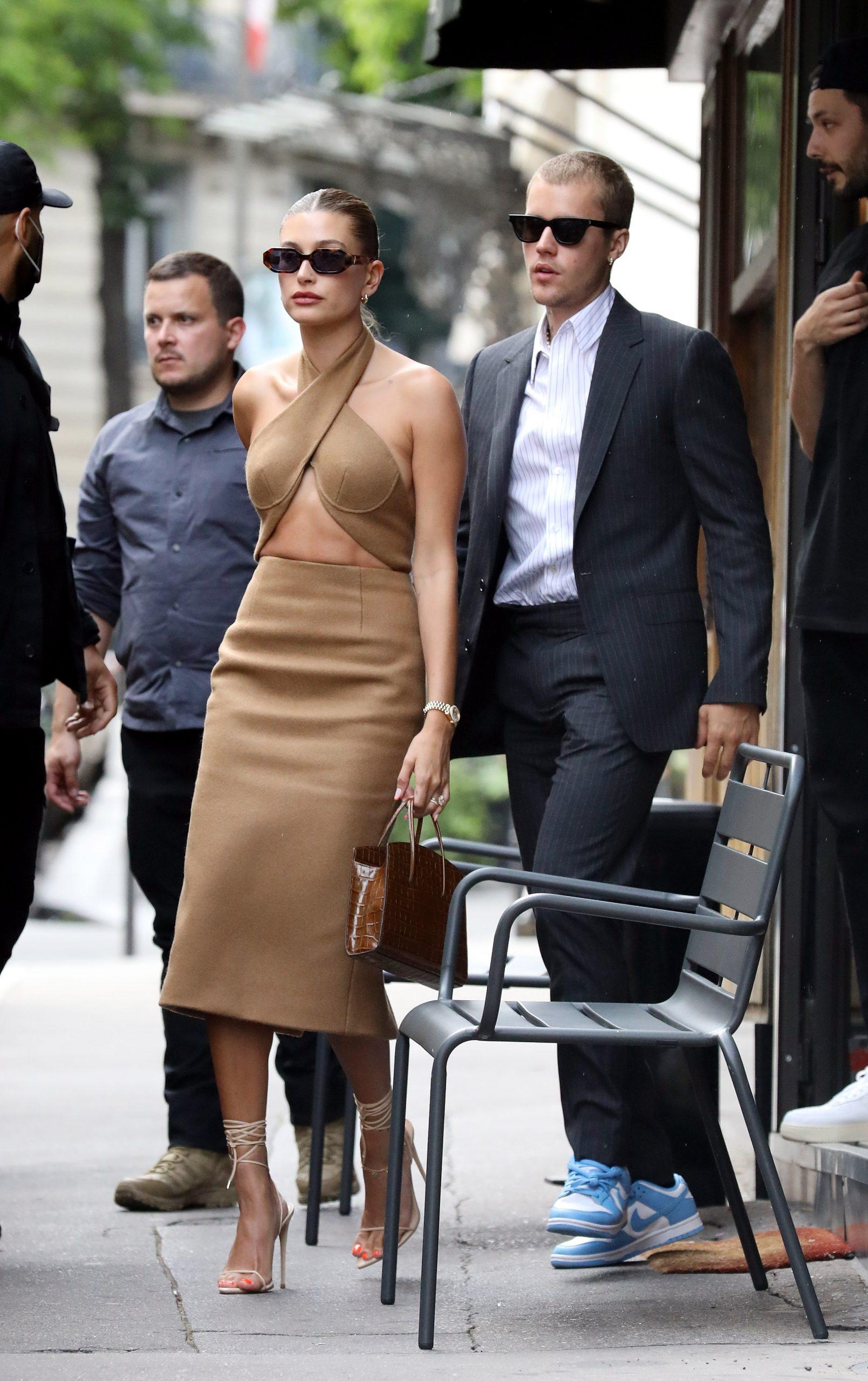 After being invited by President Macron at the Elysee Palace, Hailey Baldwin and Justin Bieber had lunch at the Dinand by Ferdi restaurant in Paris on June 21, 2021. 21 Jun 2021 Pictured: Hailey Baldwin and Justin Bieber. Photo credit: KCS Presse / MEGA TheMegaAgency.com +1 888 505 6342 (Mega Agency TagID: MEGA764117_009.jpg) [Photo via Mega Agency]