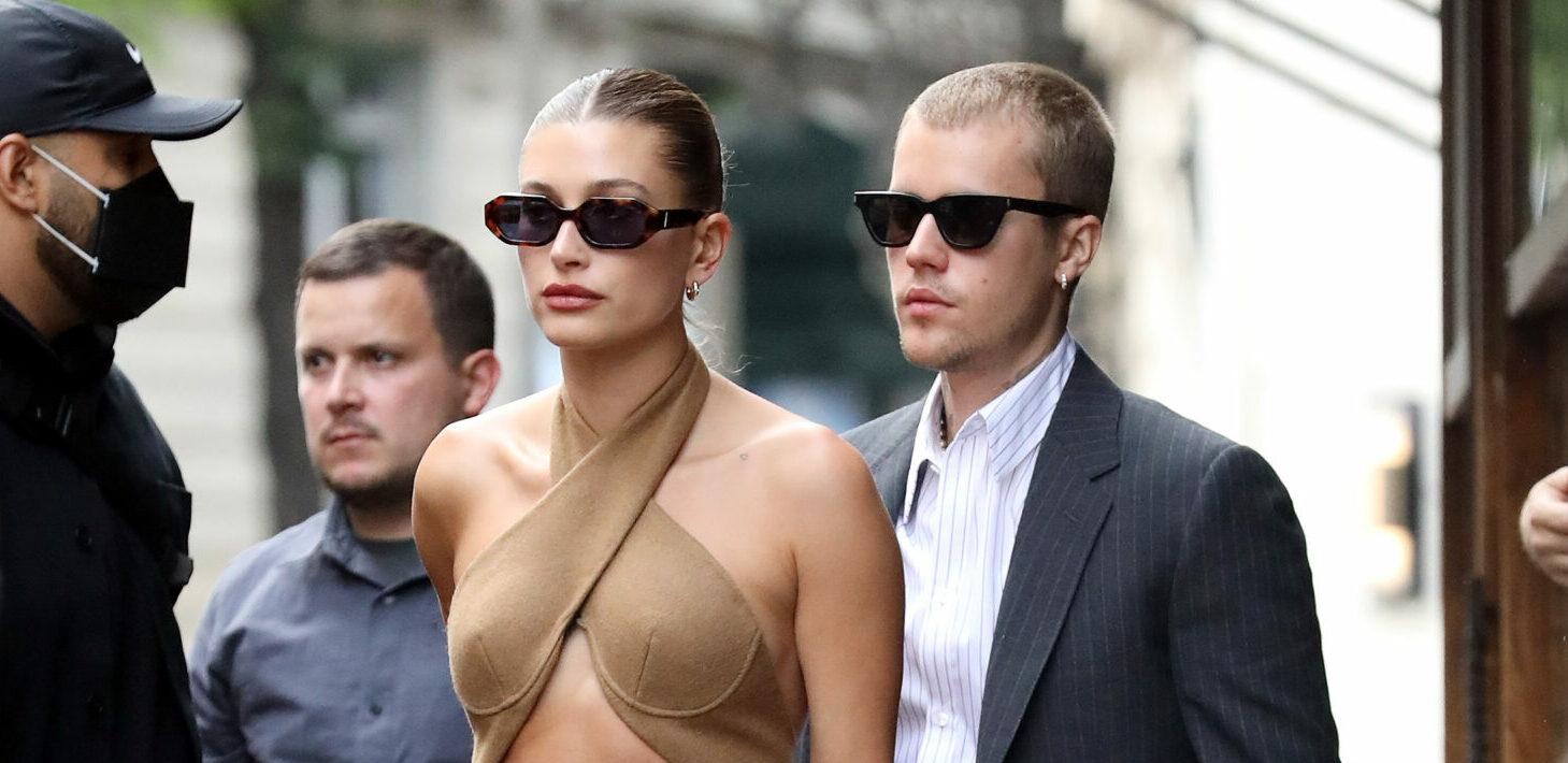 Justin and Hailey Bieber walking in Paris.
