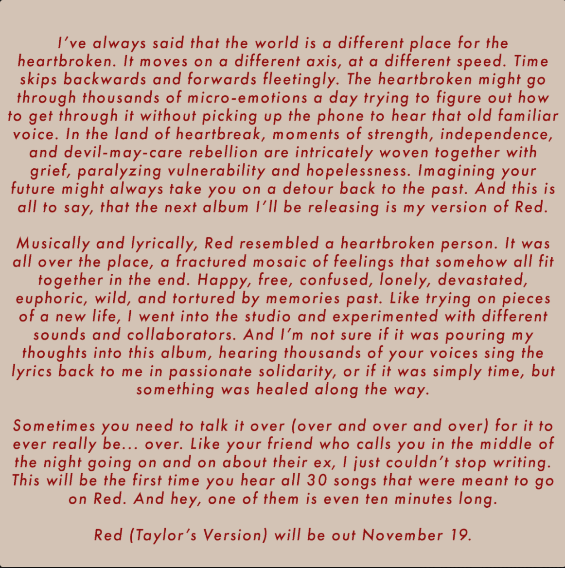 Taylor Swift's announcement of "Red Taylor's Version" 