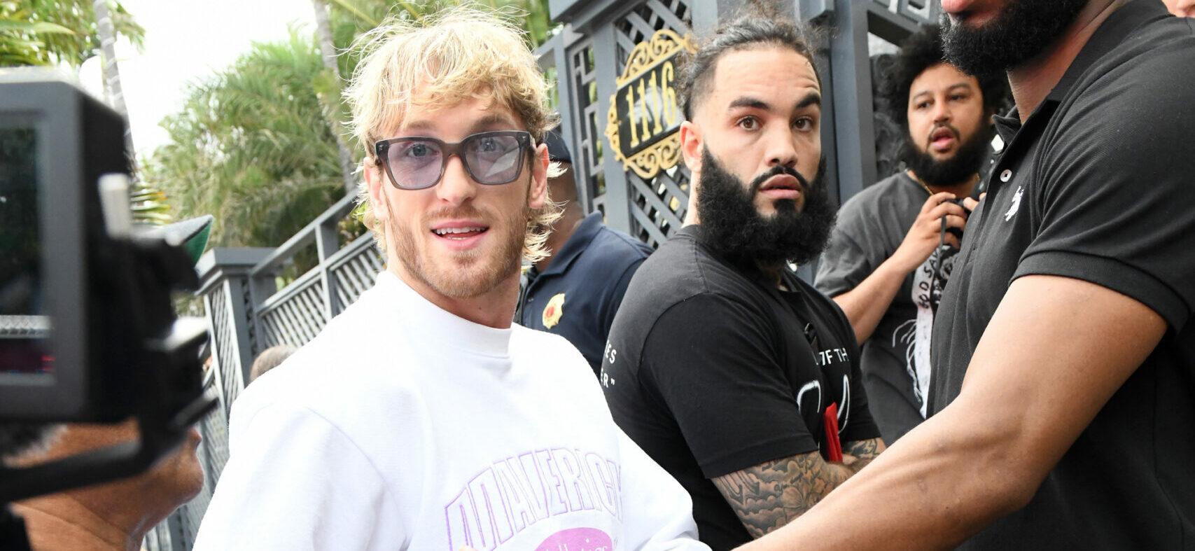 Floyd Mayweather and Logan Paul and their entourages arrive to Versace Mansion for a press conference before their big fight in Miami