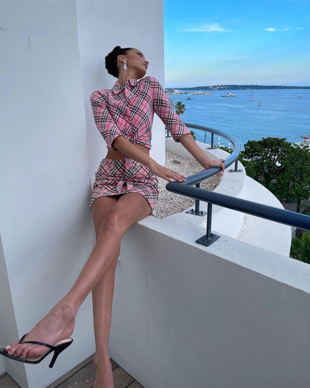 Bella Hadid in a pink outfit