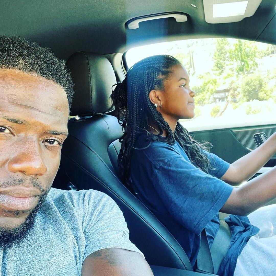 Kevin Hart and his daughter, Haven, driving.