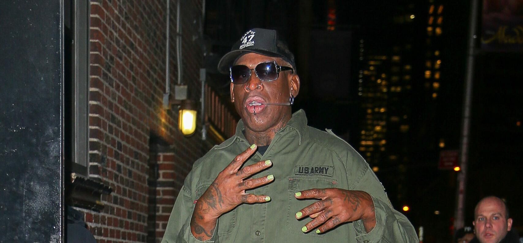 Dennis Rodman spotted showing his green nails as arriving at The Late Show with Stephen Colbert in NYC