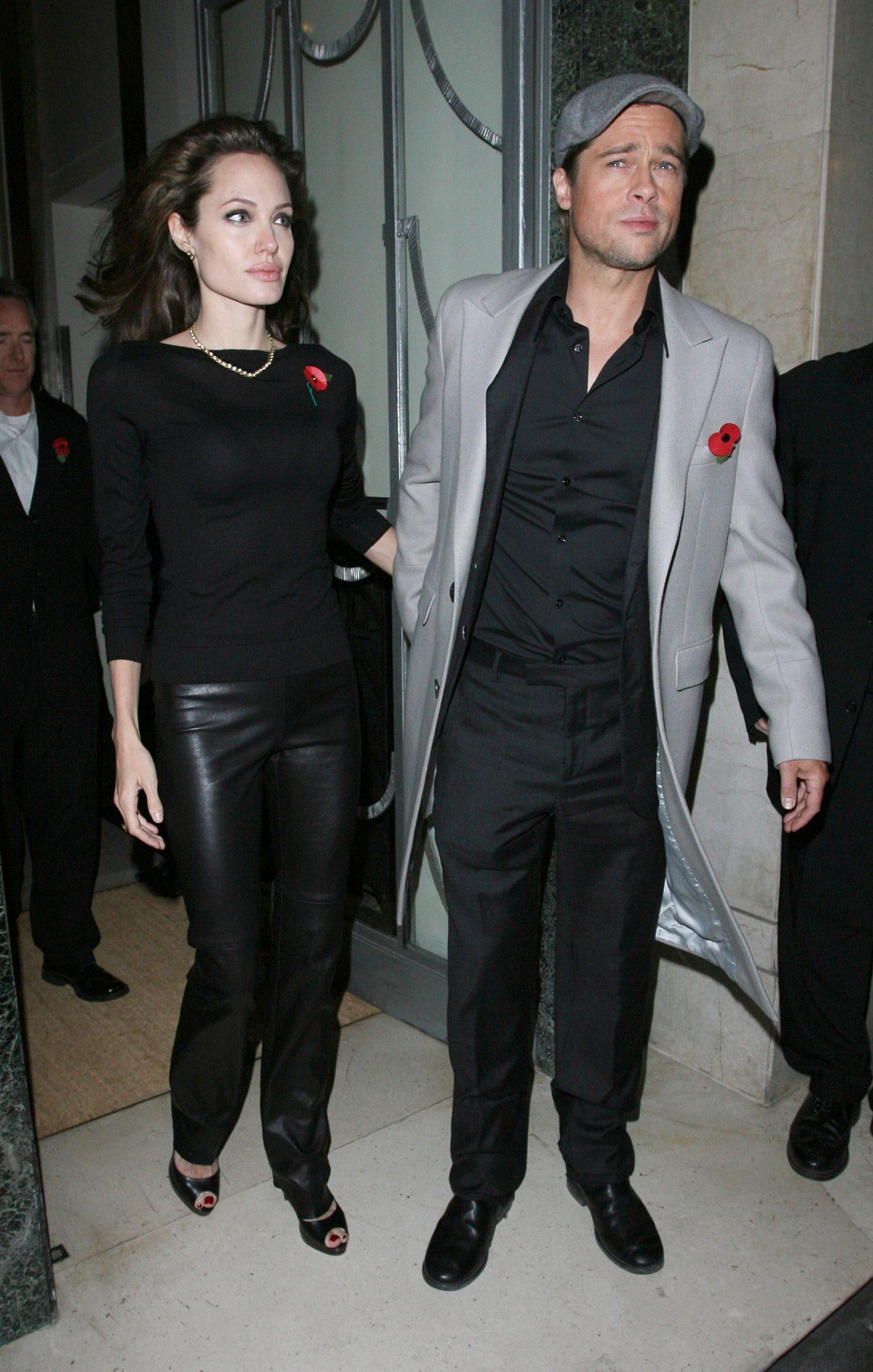 Angelina Jolie and Brad Pitt leaving Claridge apos s hotel in Mayfair and heading to the UK premiere of apos Beowulf apos