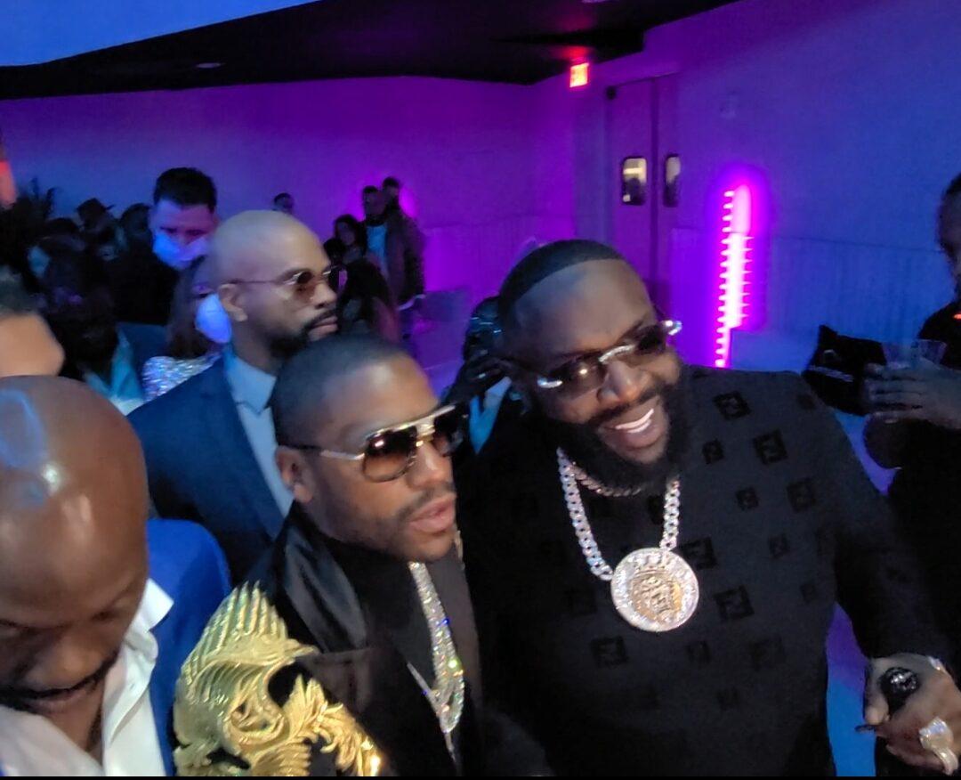 Slimmed down and maskless Rick Ross greets Floyd Mayweather inside his vip 44th birthday in Fort Lauderdale