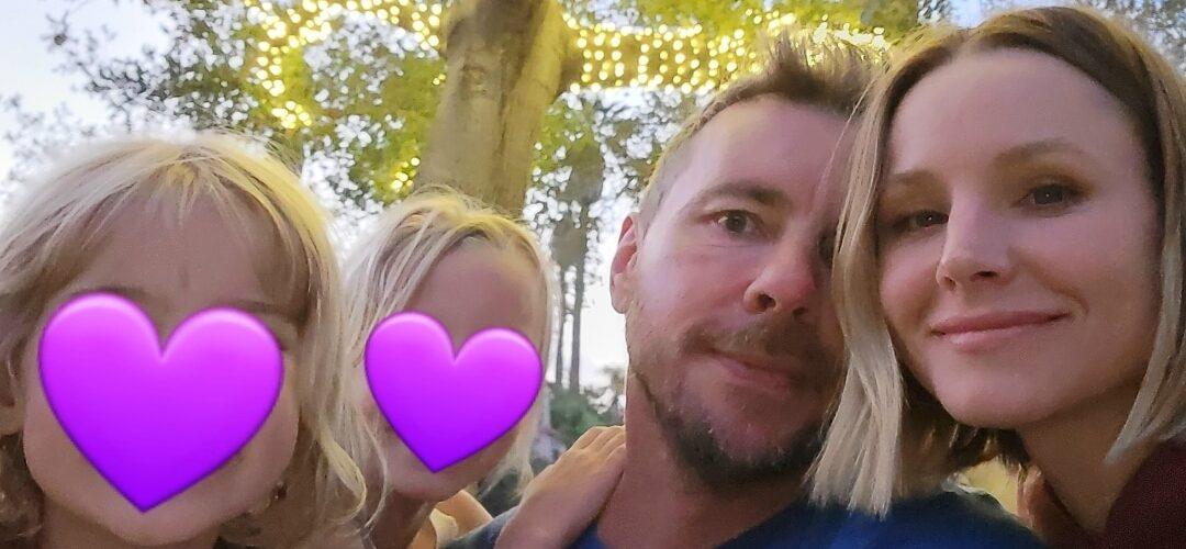 Kristen Bell, Dax Shepard and their daughters with purple hearts over their faces