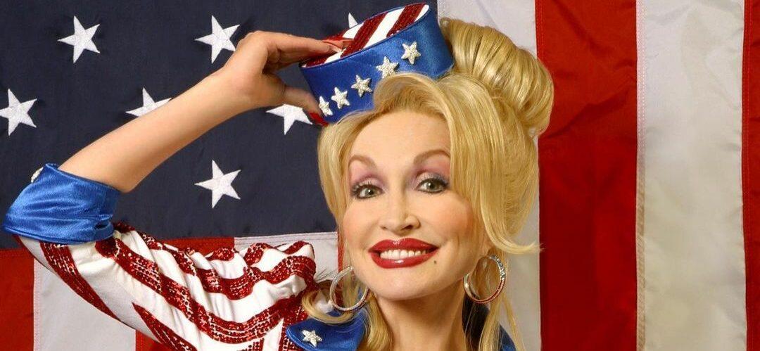 A photo showing Dolly Parton in a USA-themed outfit