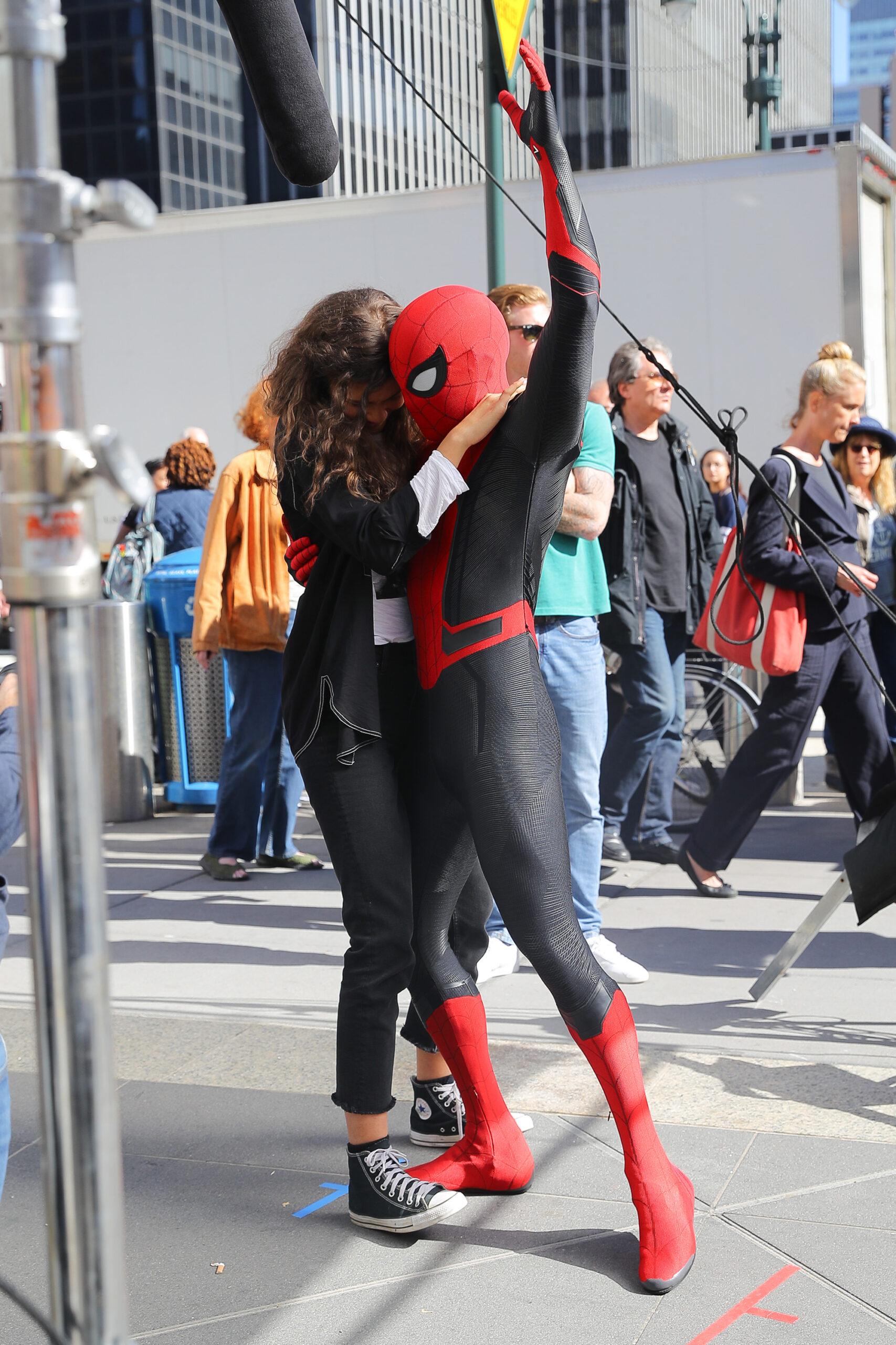 Zendaya and Tom Holland seen filming Spider-Man Far From Home in New York City