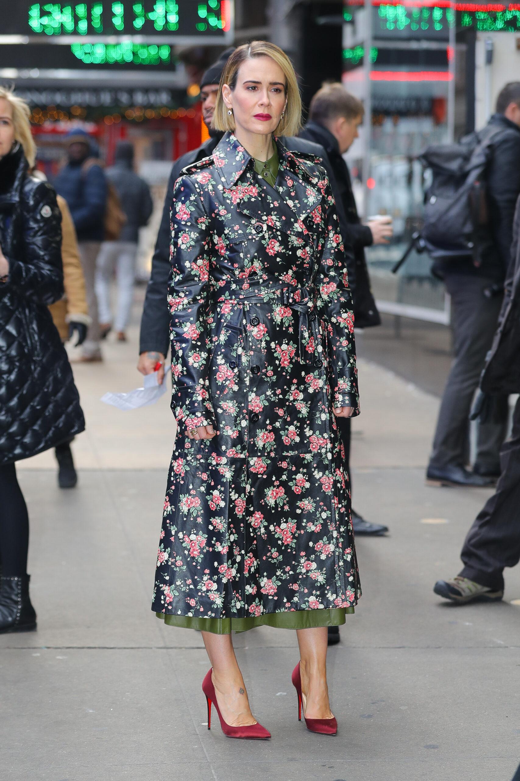 Sarah Paulson wore a floral Michael Kors Trench Coat while leaving the Good Morning America on Thursday Morning in NYC