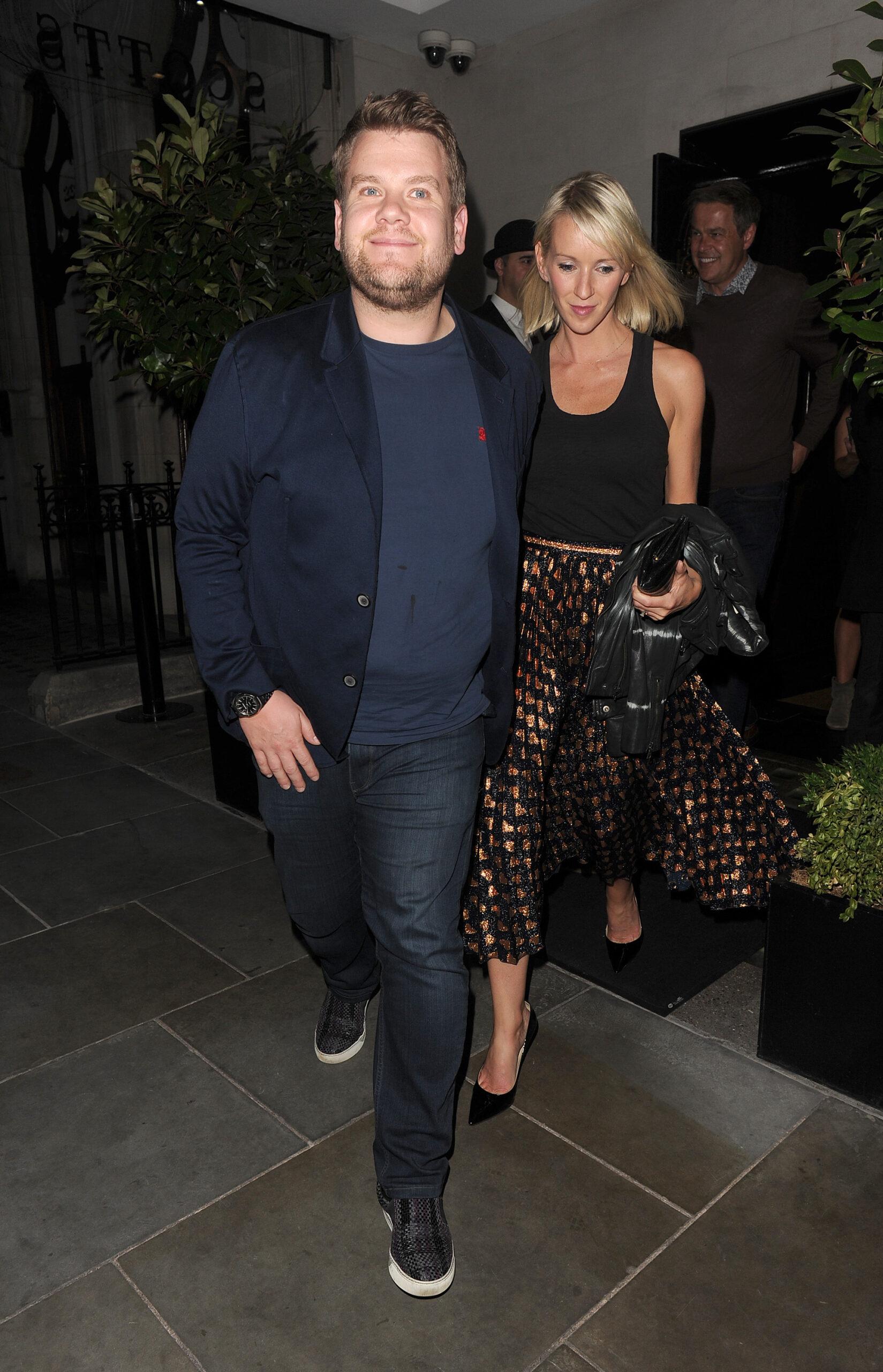 James Corden enjoys a long dinner with his wife Julia Carey at Scott apos s seafood restaurant in Mayfair The couple were joined by entrepreneur and star of TV show apos Dragon apos s Den apos Peter Jones and his partner Tara Capp