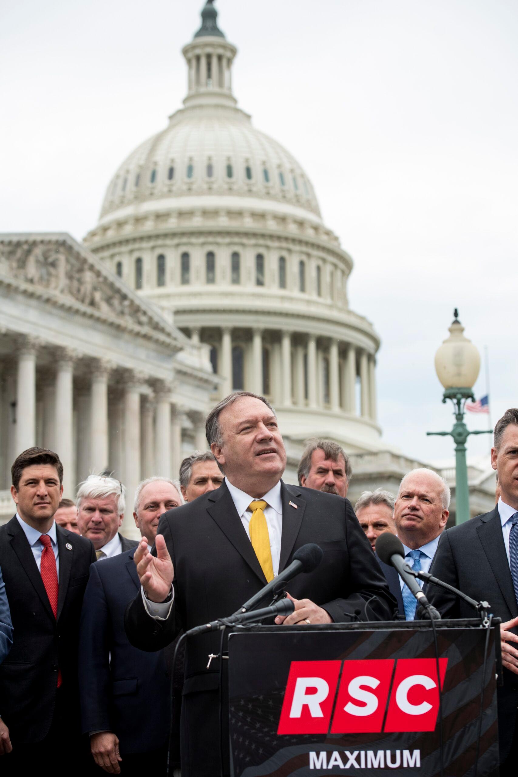 Former US Secretary of State Mike Pompeo and members of the Republican Study Committee jhold press conference regarding President Bidens policy towards Iran