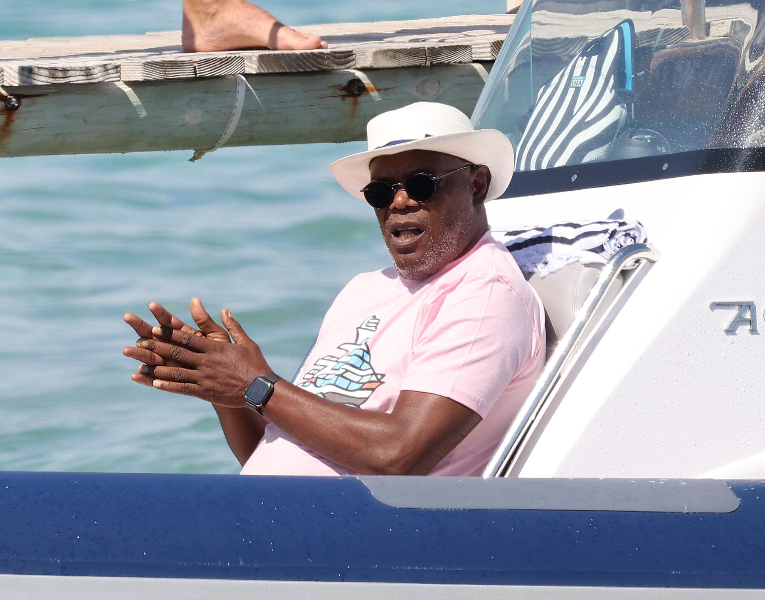 Magic Johnson and Samuel L Jackson at the Club 55 for lunch in St Tropez
