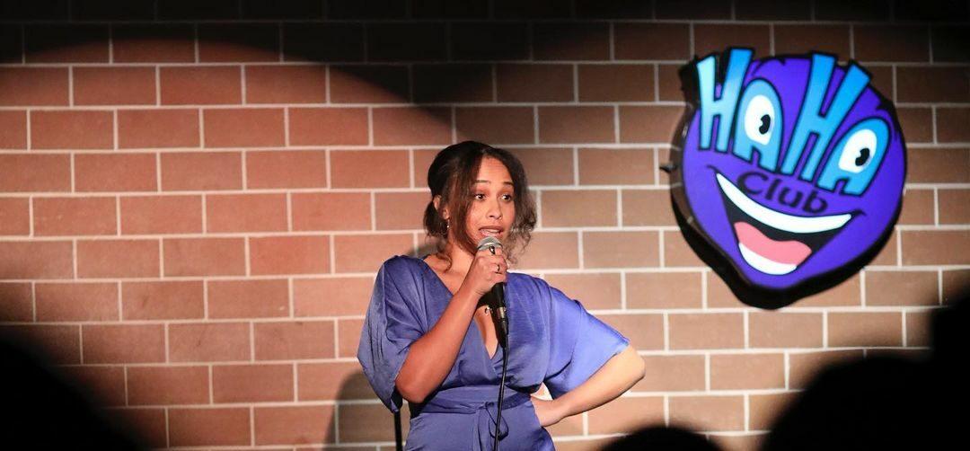 A lovely photo showing Tanya Fear on stage cracking jokes.